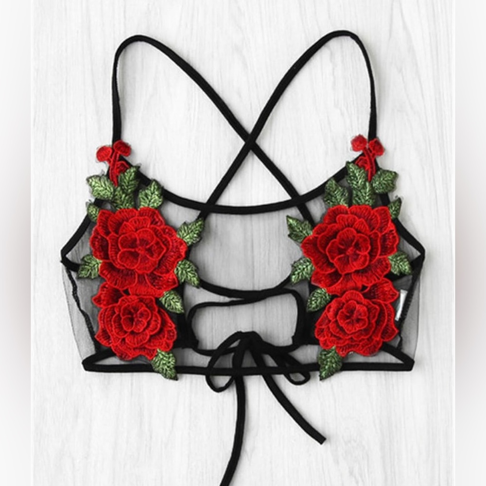 Sexy Mesh Rose Crop Top Sz M